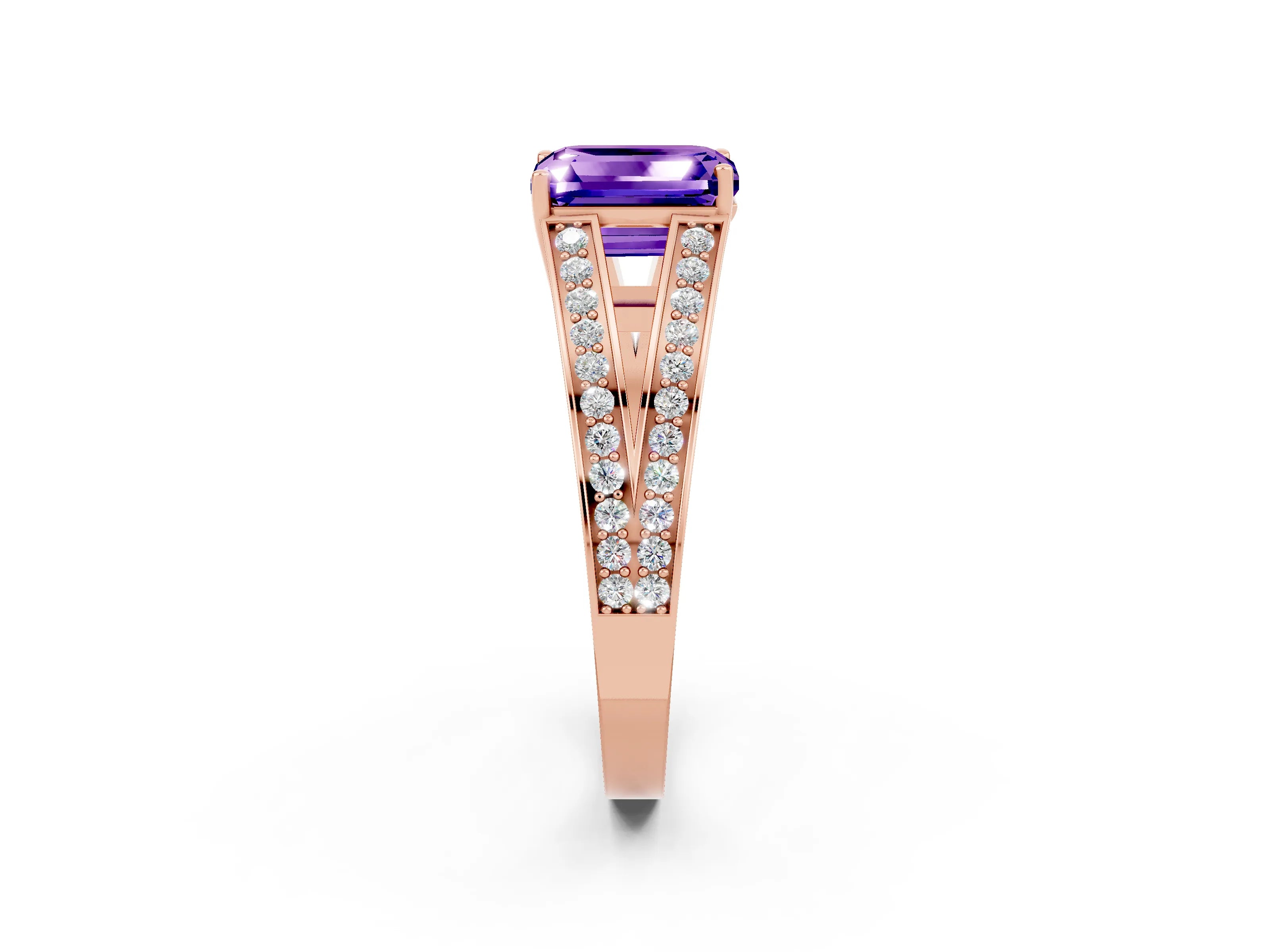 Rose gold Emerald Cut Tanzanite Split Shank Ring with Pavé Band and Four-Prong Setting_2