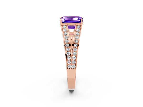 Rose gold Emerald Cut Tanzanite Split Shank Ring with Pavé Band and Four-Prong Setting