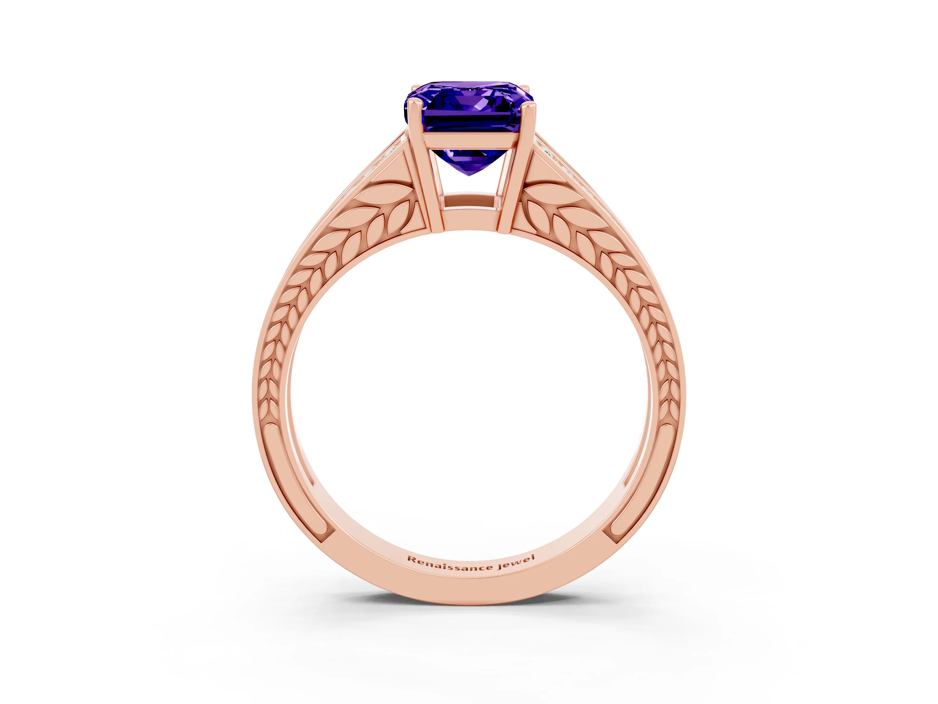 Rose gold Emerald Cut Tanzanite Split Shank Ring with Pavé Band and Four-Prong Setting_3