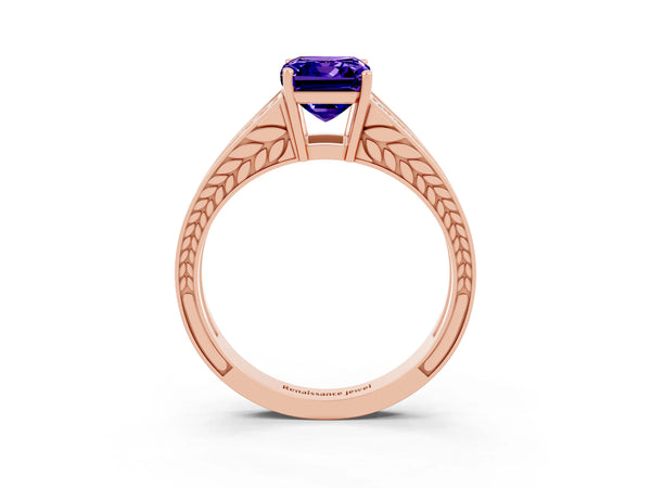 Rose gold Emerald Cut Tanzanite Split Shank Ring with Pavé Band and Four-Prong Setting