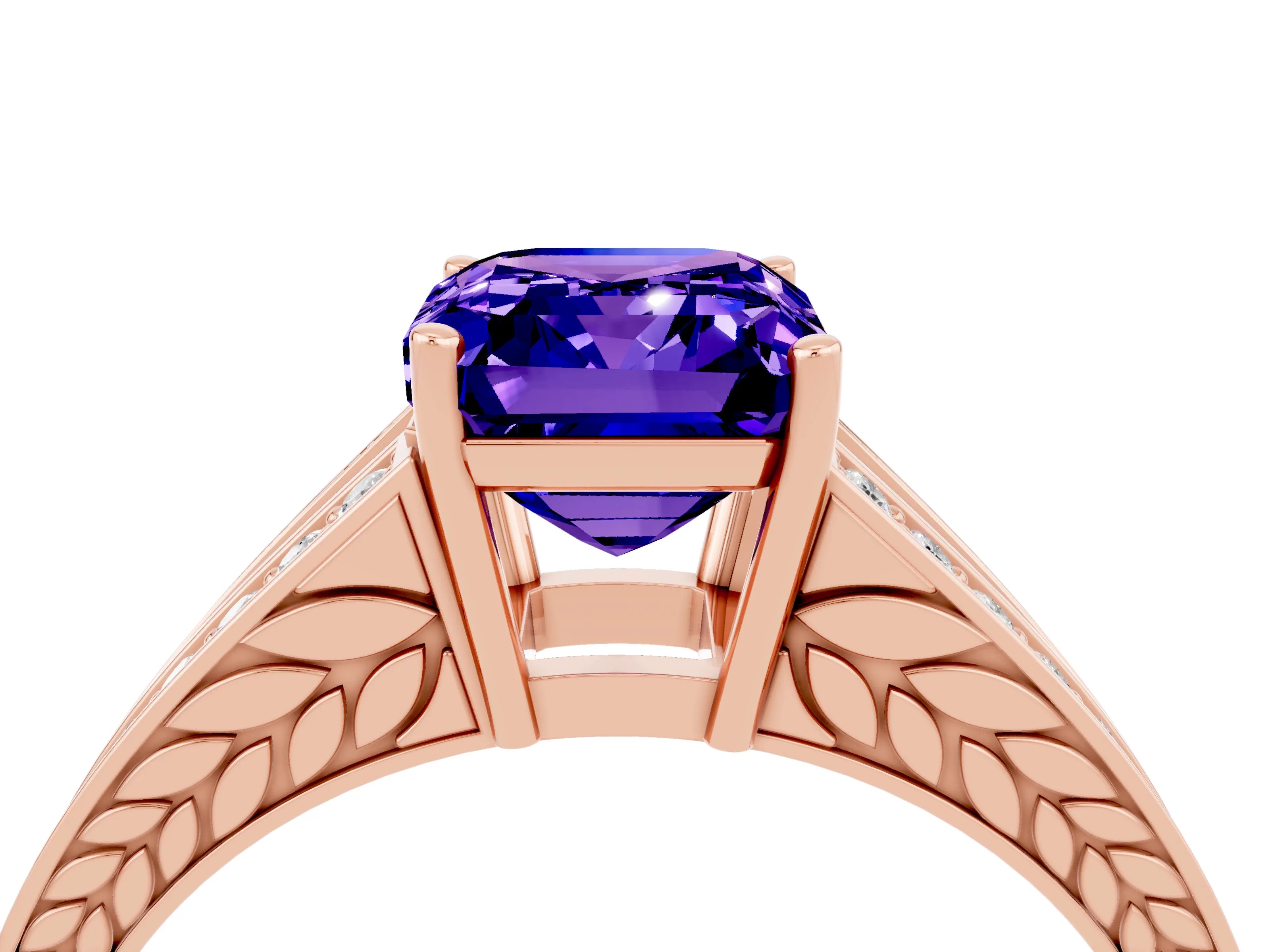 Rose gold Emerald Cut Tanzanite Split Shank Ring with Pavé Band and Four-Prong Setting_4