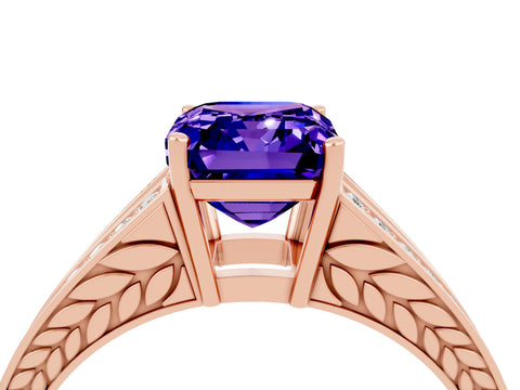 Rose gold Emerald Cut Tanzanite Split Shank Ring with Pavé Band and Four-Prong Setting_4