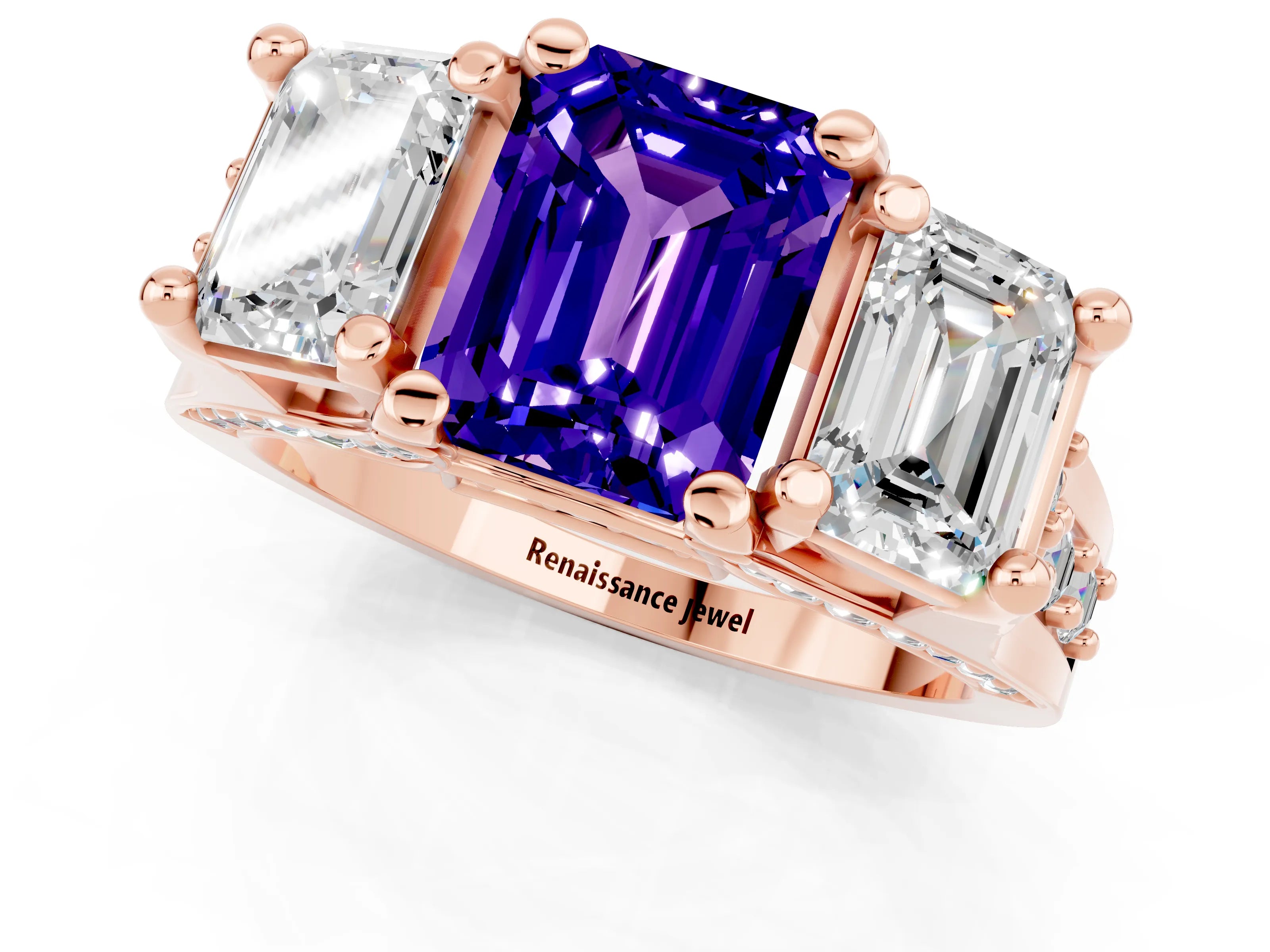 Rose gold Emerald Cut Tanzanite Three-Stone Ring with Channel Set Band and Four-Prong Setting_1