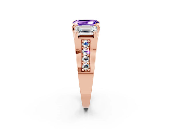 Rose gold Emerald Cut Tanzanite Three-Stone Ring with Channel Set Band and Four-Prong Setting