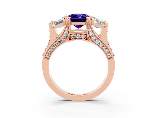 Rose gold Emerald Cut Tanzanite Three-Stone Ring with Channel Set Band and Four-Prong Setting