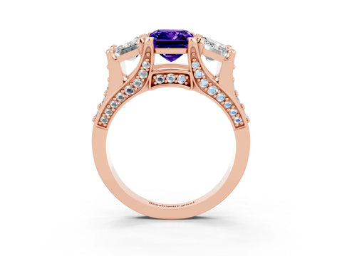 Rose gold Emerald Cut Tanzanite Three-Stone Ring with Channel Set Band and Four-Prong Setting_3