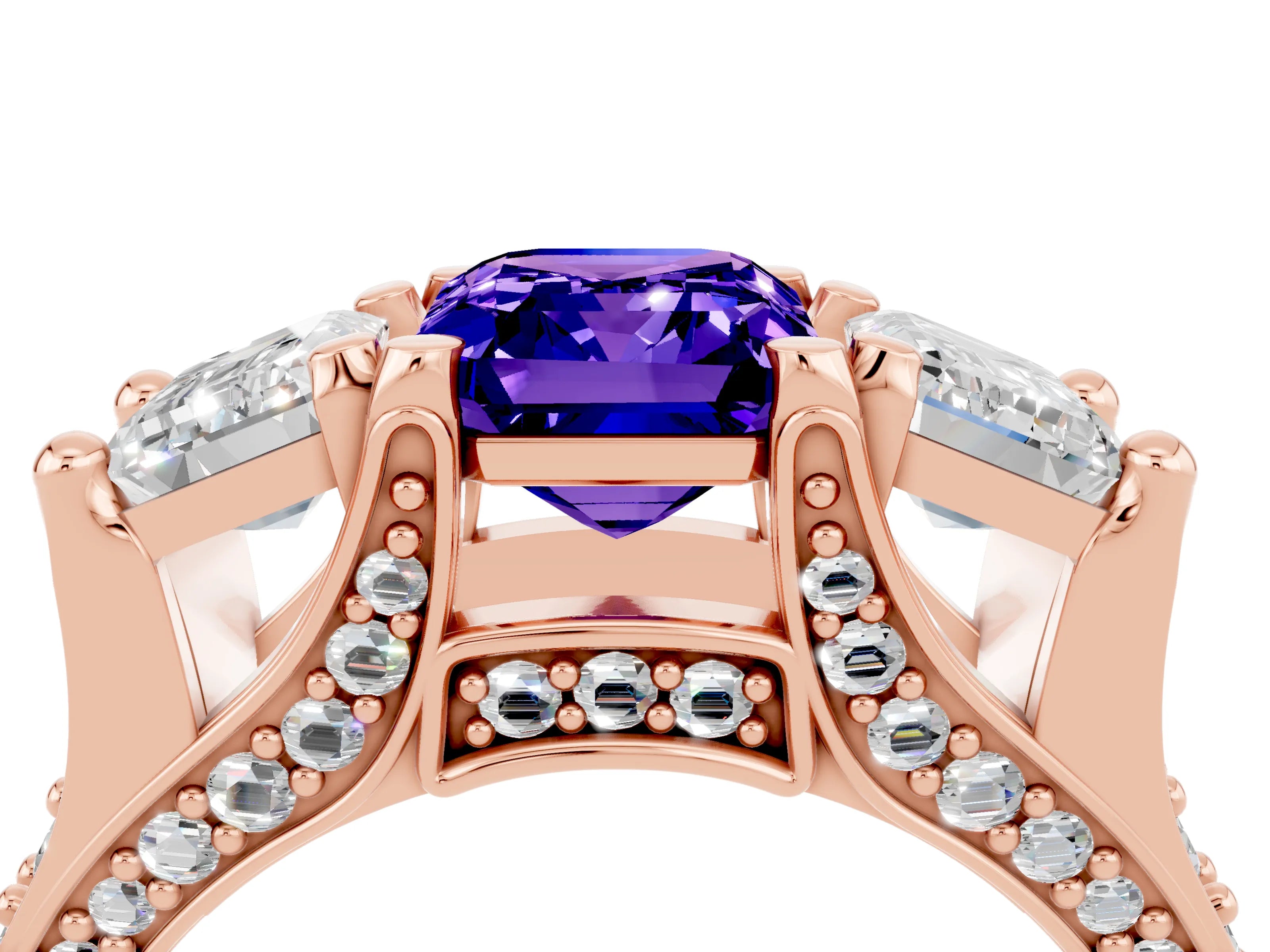Rose gold Emerald Cut Tanzanite Three-Stone Ring with Channel Set Band and Four-Prong Setting_4