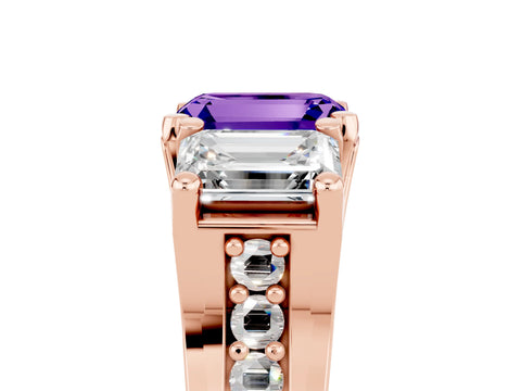 Rose gold Emerald Cut Tanzanite Three-Stone Ring with Channel Set Band and Four-Prong Setting_5