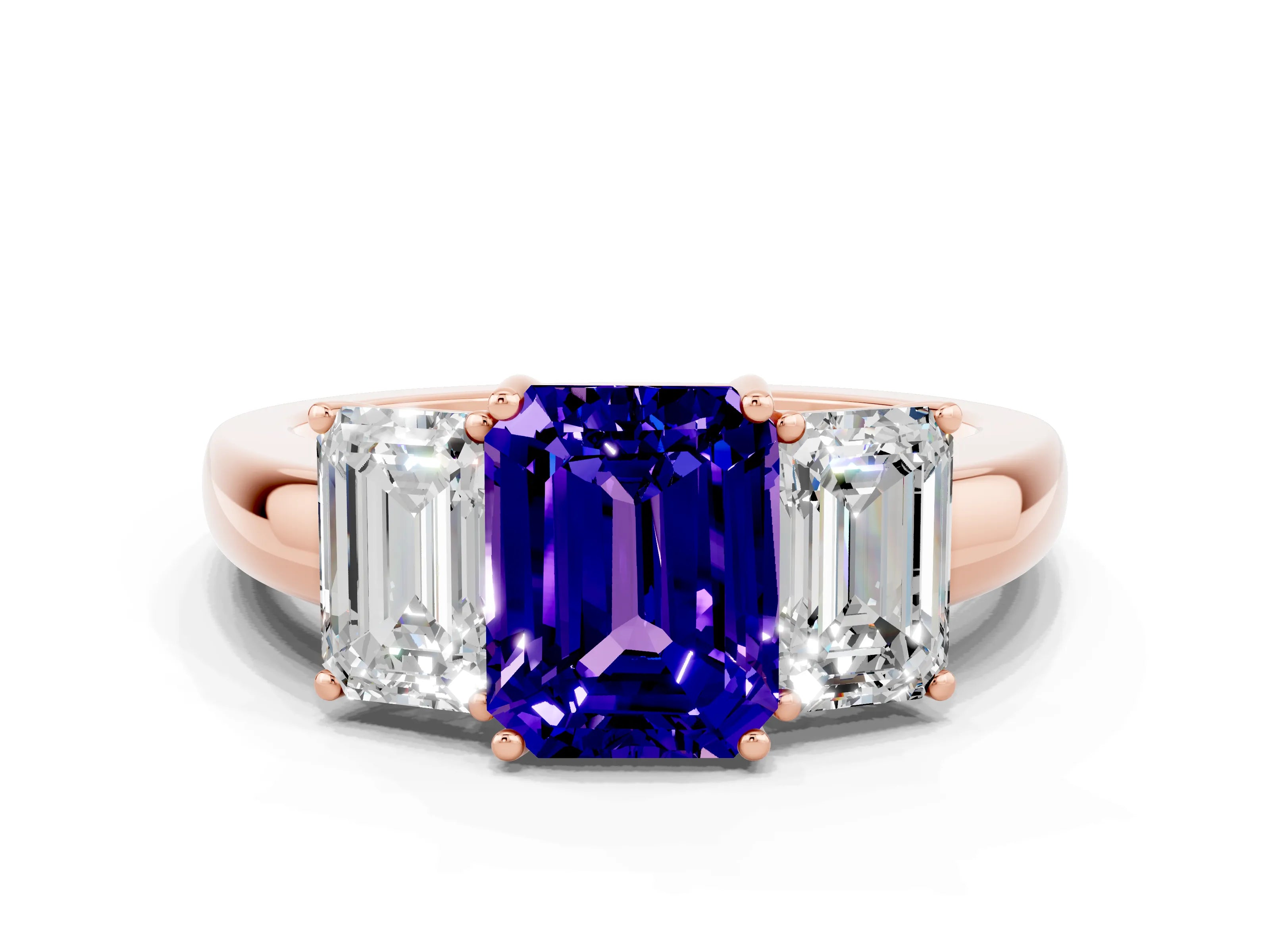 Rose gold Emerald Cut Tanzanite Three-Stone Ring with Four-Prong Setting and Classic Band