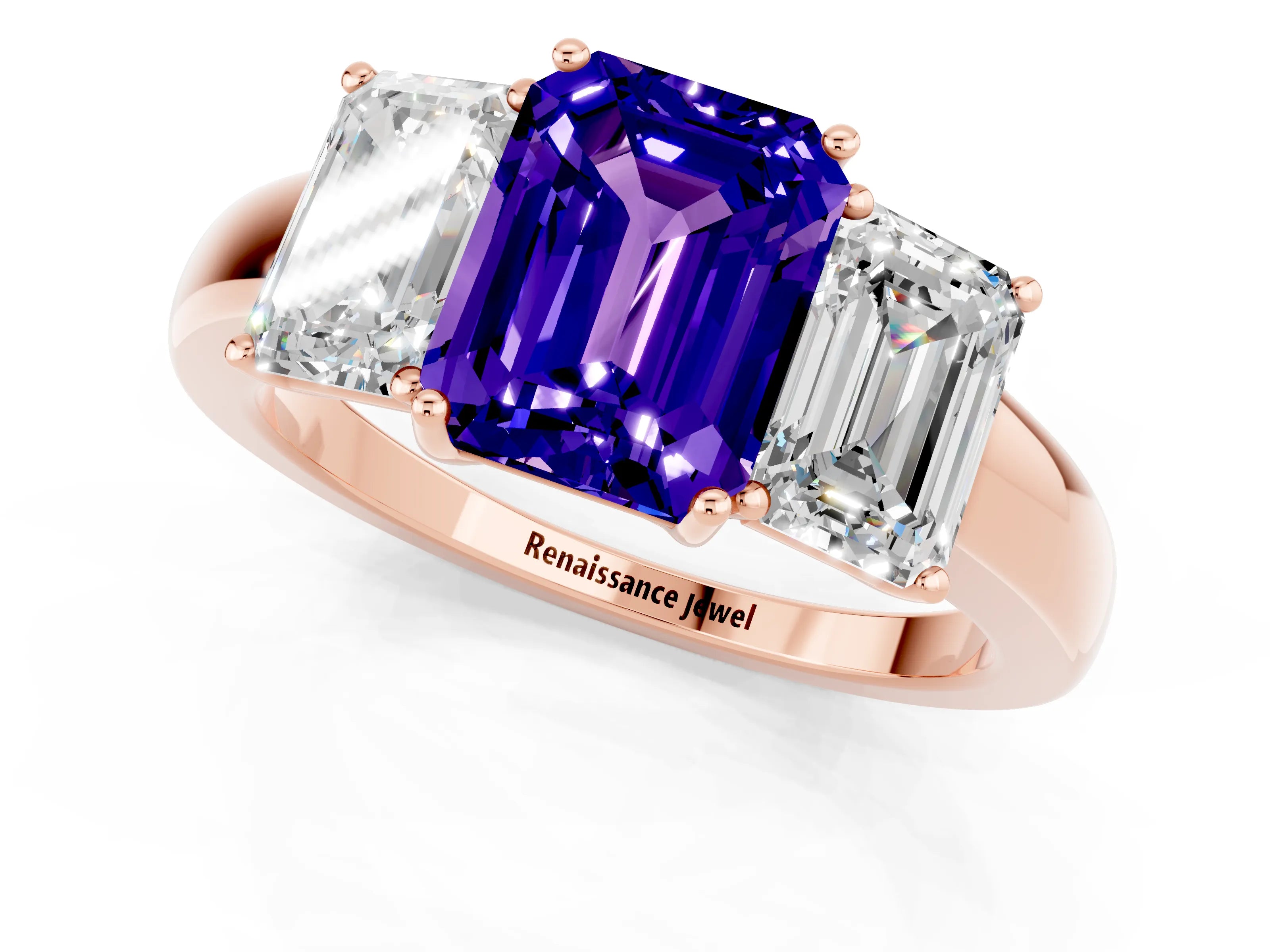 Rose gold Emerald Cut Tanzanite Three-Stone Ring with Four-Prong Setting and Classic Band_1