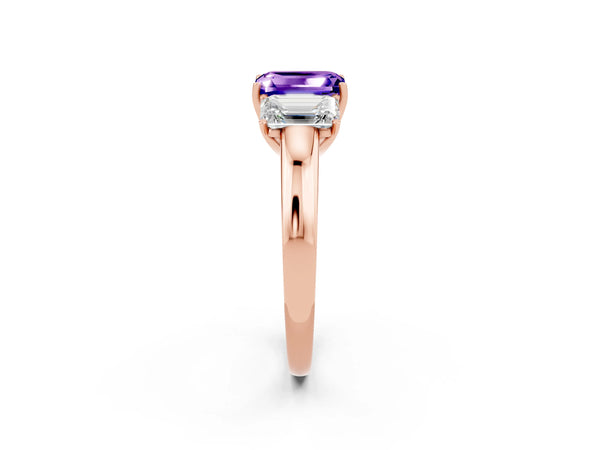 Rose gold Emerald Cut Tanzanite Three-Stone Ring with Four-Prong Setting and Classic Band