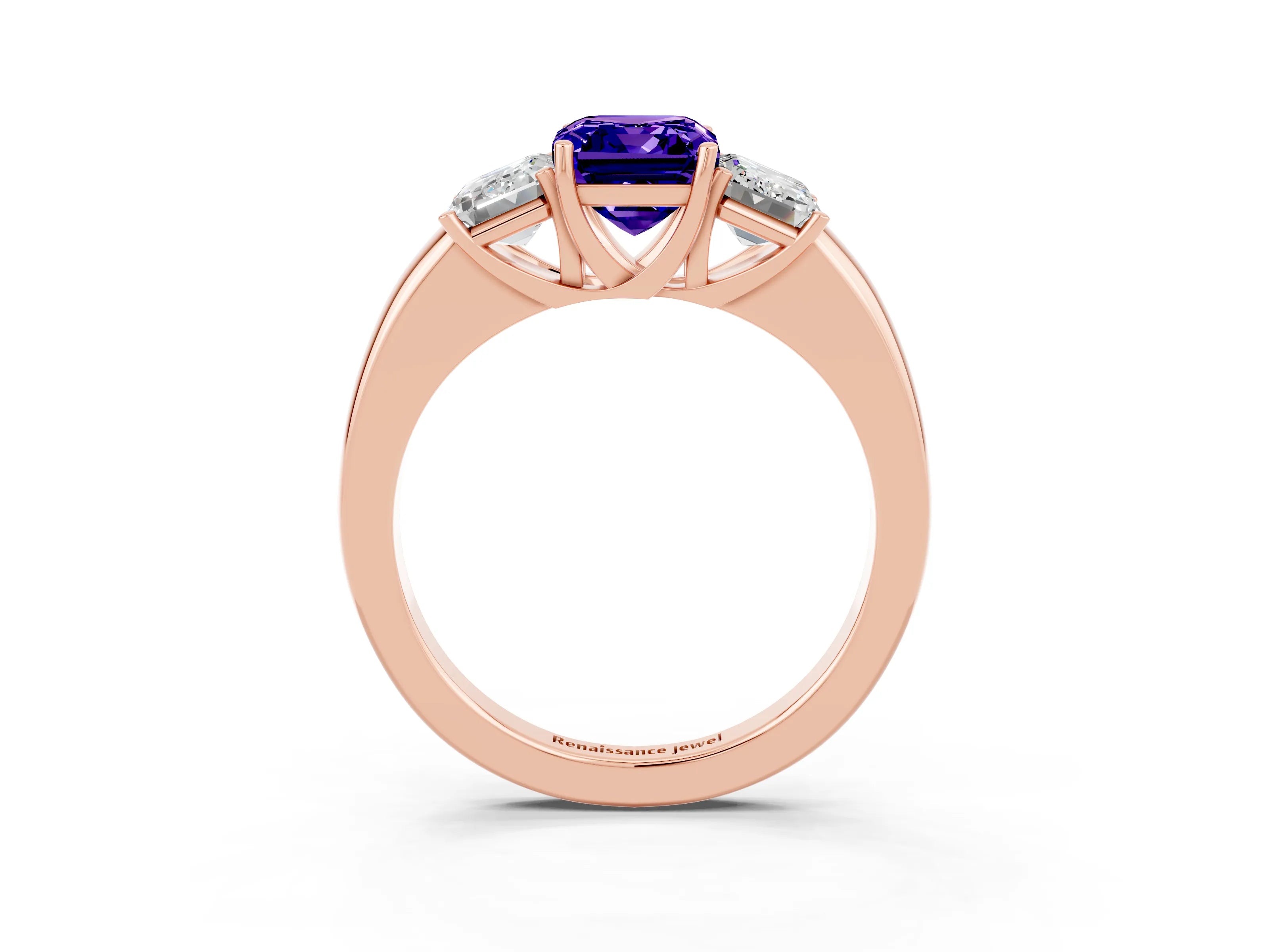 Rose gold Emerald Cut Tanzanite Three-Stone Ring with Four-Prong Setting and Classic Band_3
