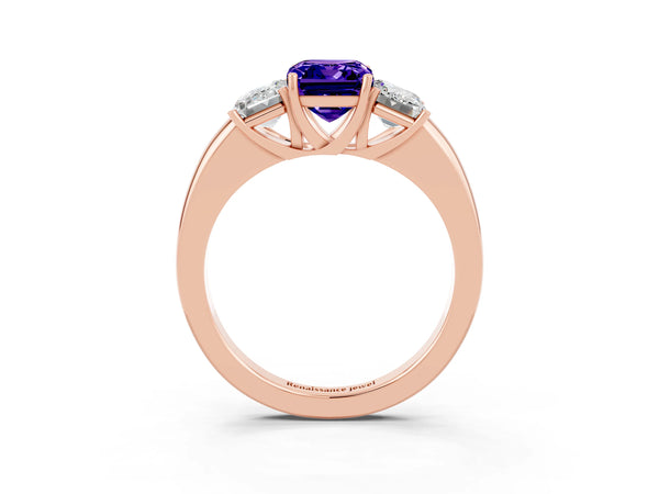 Rose gold Emerald Cut Tanzanite Three-Stone Ring with Four-Prong Setting and Classic Band