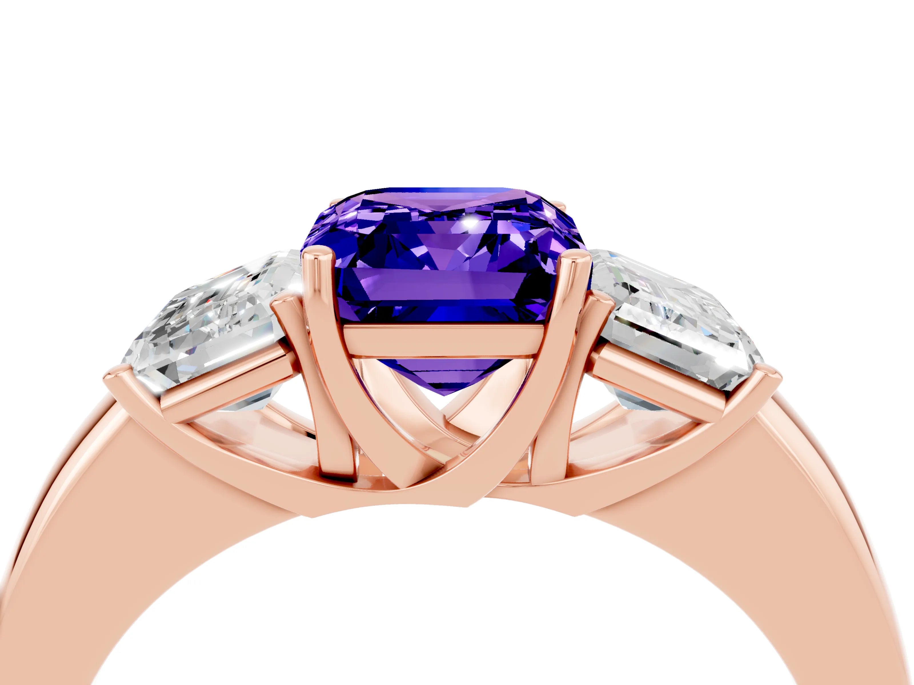 Rose gold Emerald Cut Tanzanite Three-Stone Ring with Four-Prong Setting and Classic Band_4