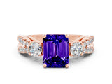 Rose gold Emerald Cut Tanzanite Three-Stone Ring with Pavé Split Shank and Four-Prong Setting