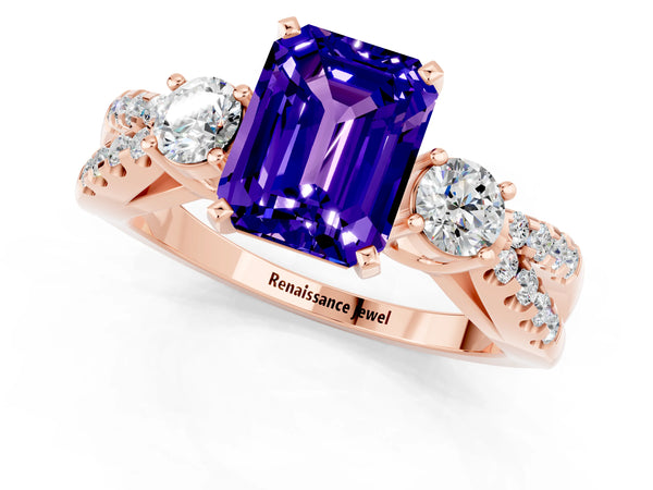 Rose gold Emerald Cut Tanzanite Three-Stone Ring with Pavé Split Shank and Four-Prong Setting