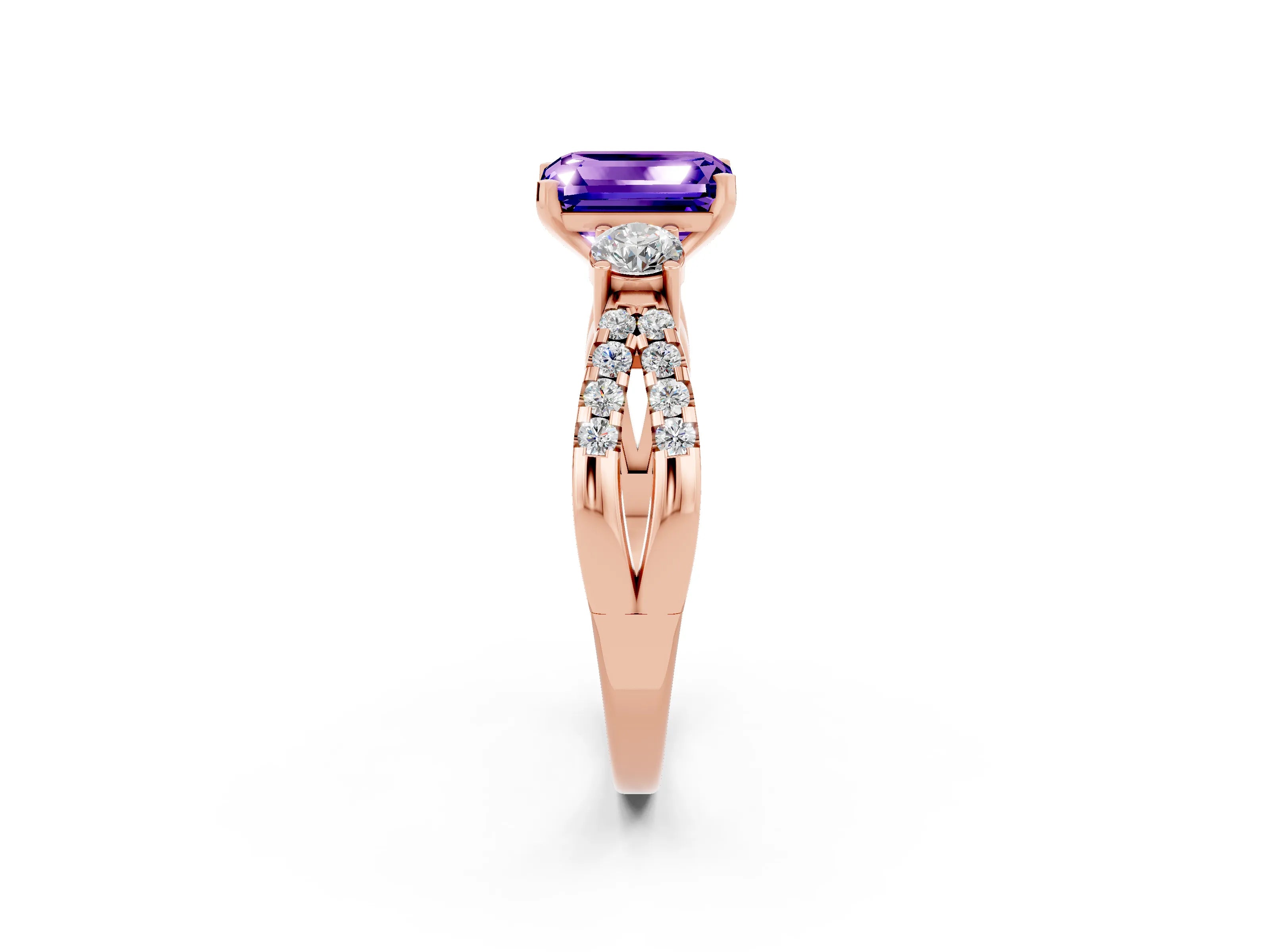 Rose gold Emerald Cut Tanzanite Three-Stone Ring with Pavé Split Shank and Four-Prong Setting_2