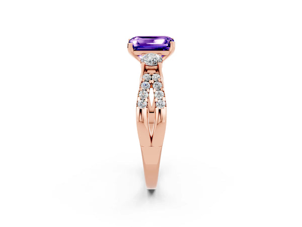 Rose gold Emerald Cut Tanzanite Three-Stone Ring with Pavé Split Shank and Four-Prong Setting