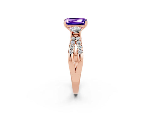 Rose gold Emerald Cut Tanzanite Three-Stone Ring with Pavé Split Shank and Four-Prong Setting_2