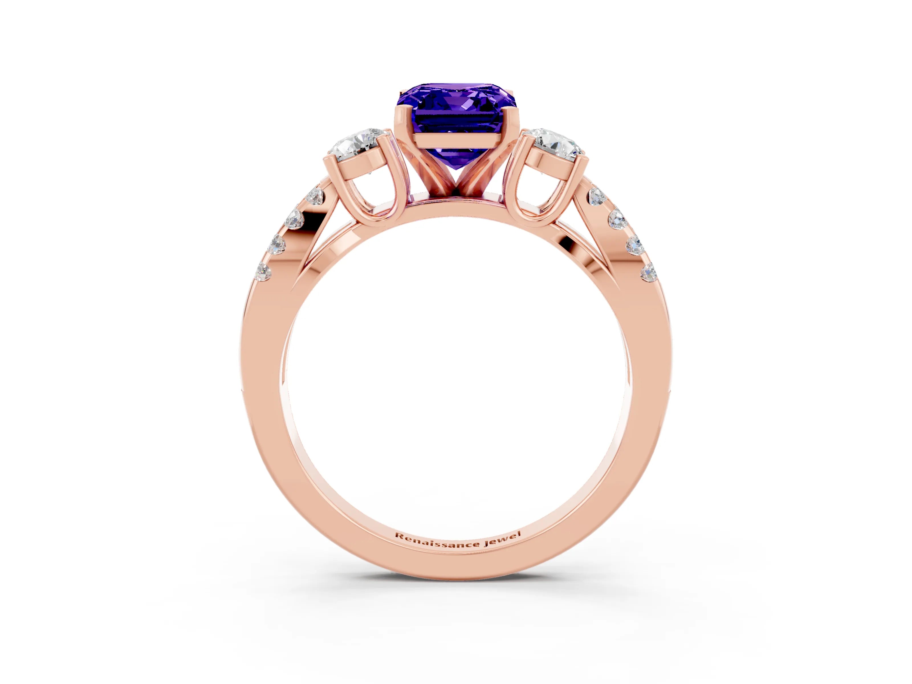 Rose gold Emerald Cut Tanzanite Three-Stone Ring with Pavé Split Shank and Four-Prong Setting_3