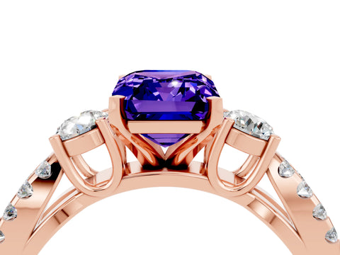Rose gold Emerald Cut Tanzanite Three-Stone Ring with Pavé Split Shank and Four-Prong Setting_4
