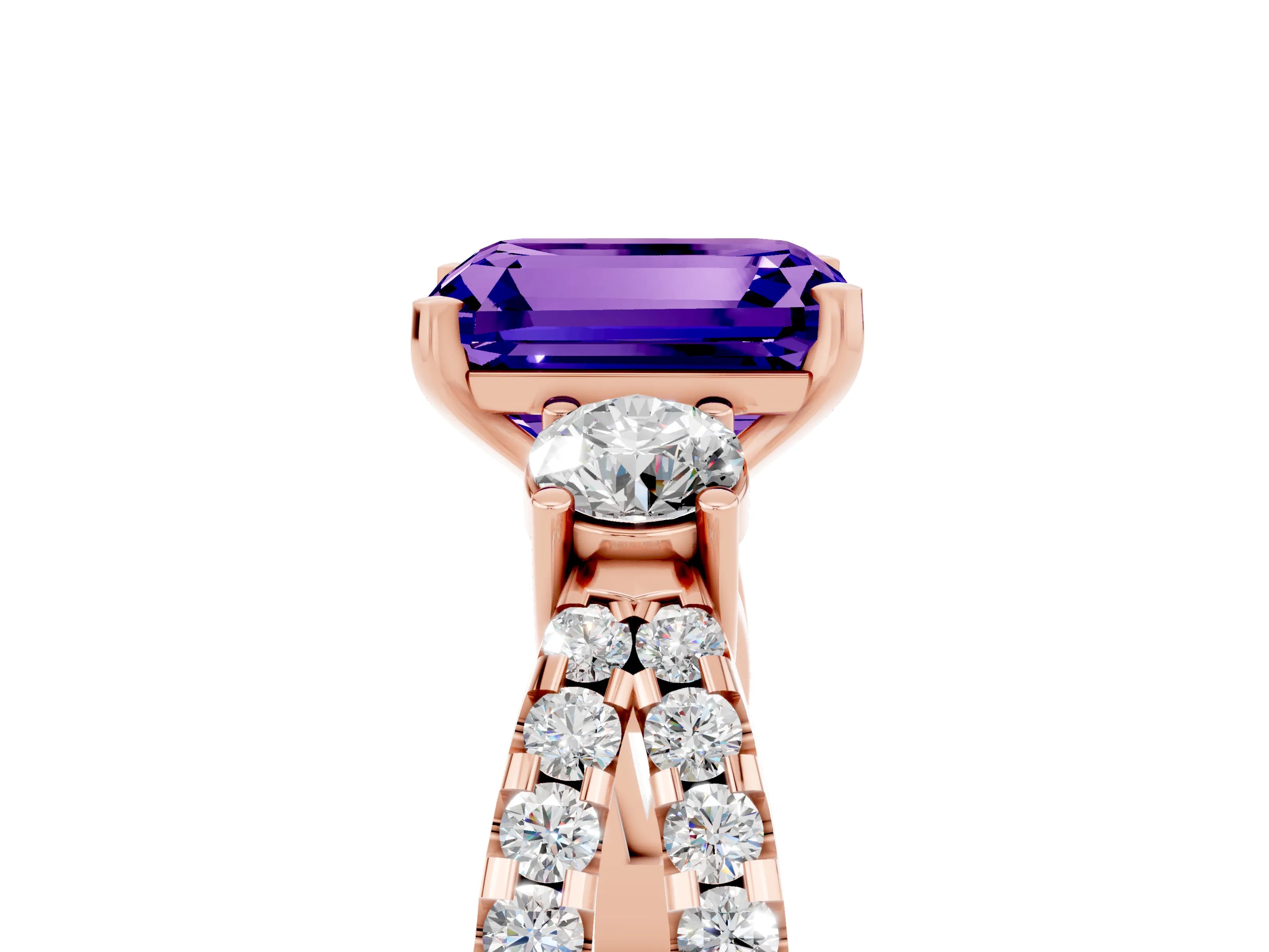 Rose gold Emerald Cut Tanzanite Three-Stone Ring with Pavé Split Shank and Four-Prong Setting_5