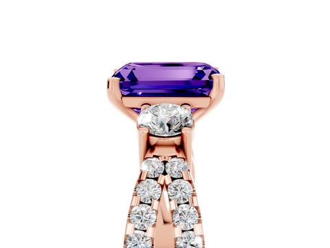 Rose gold Emerald Cut Tanzanite Three-Stone Ring with Pavé Split Shank and Four-Prong Setting_5
