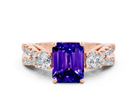 Rose gold Emerald Cut Tanzanite Three-Stone Ring with Pavé Split Shank and Four-Prong Setting