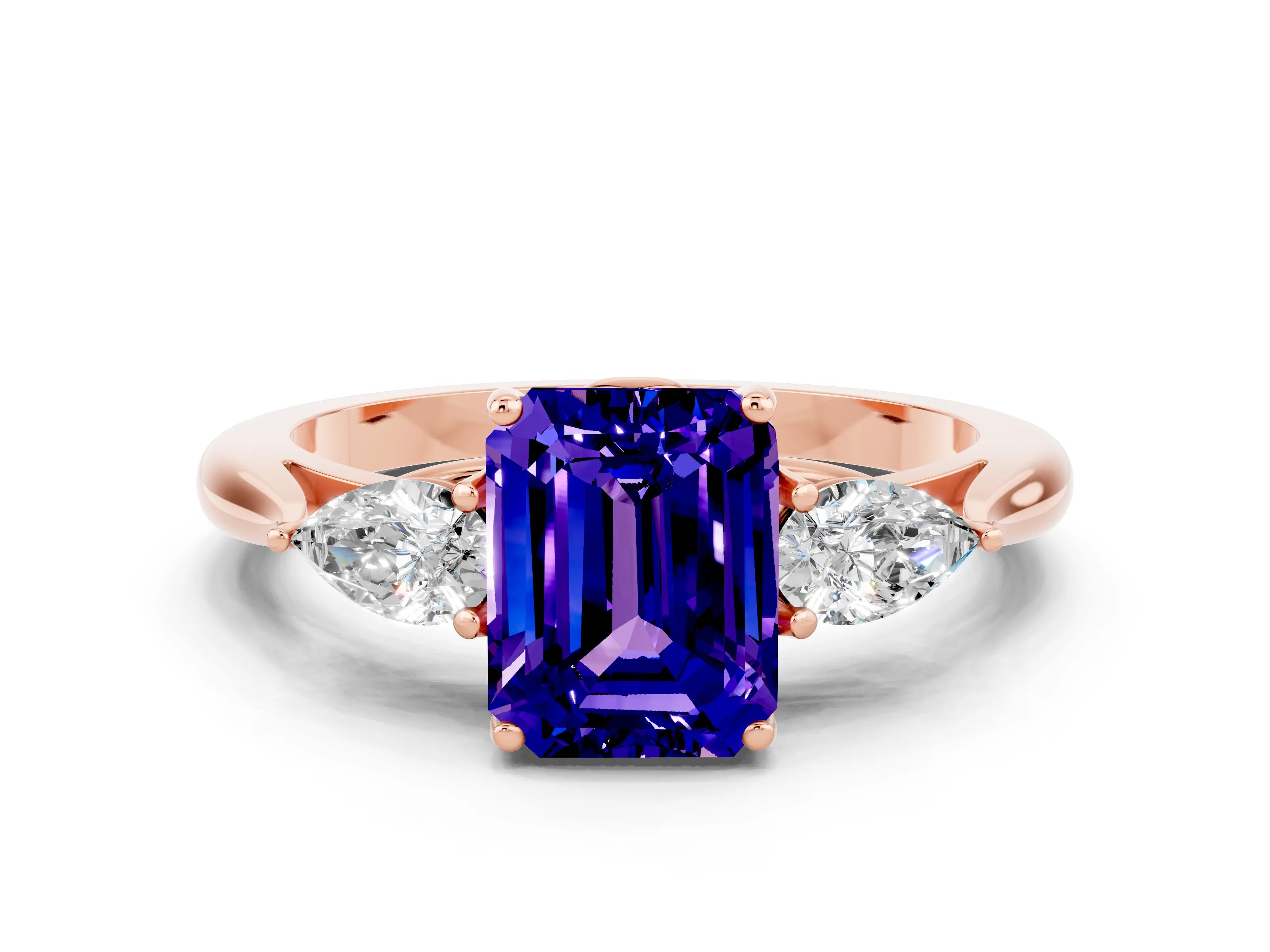 Rose gold Emerald Cut Tanzanite Three-Stone Ring with Pear Side Stones and Four-Prong Setting_12