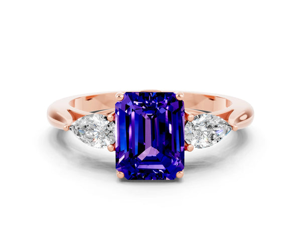 Rose gold Emerald Cut Tanzanite Three-Stone Ring with Pear  Side Stones and Prong Setting