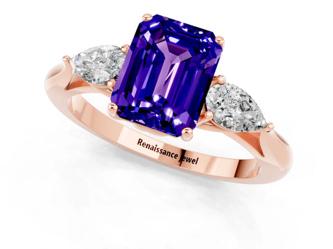 Rose gold Emerald Cut Tanzanite Three-Stone Ring with Pear Side Stones and Four-Prong Setting_13