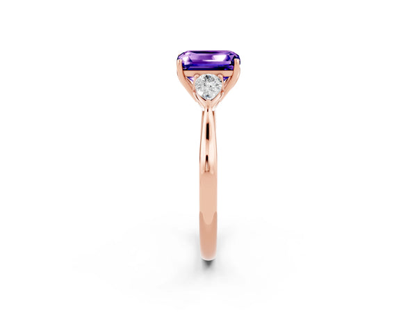 Rose gold Emerald Cut Tanzanite Three-Stone Ring with Pear  Side Stones and Prong Setting