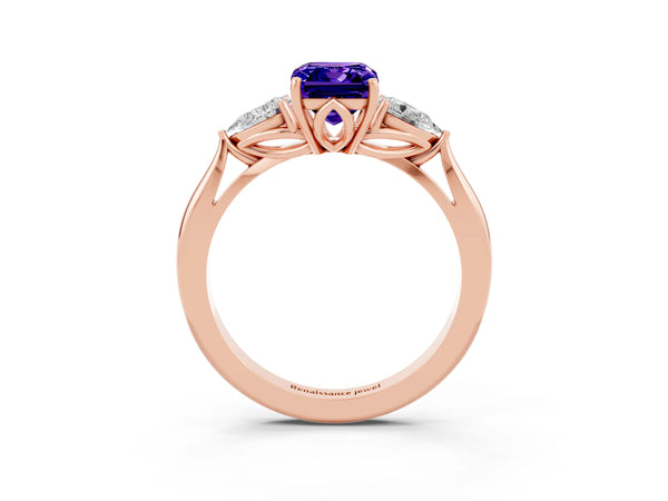 Rose gold Emerald Cut Tanzanite Three-Stone Ring with Pear  Side Stones and Prong Setting