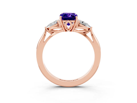 Rose gold Emerald Cut Tanzanite Three-Stone Ring with Pear Side Stones and Four-Prong Setting_15