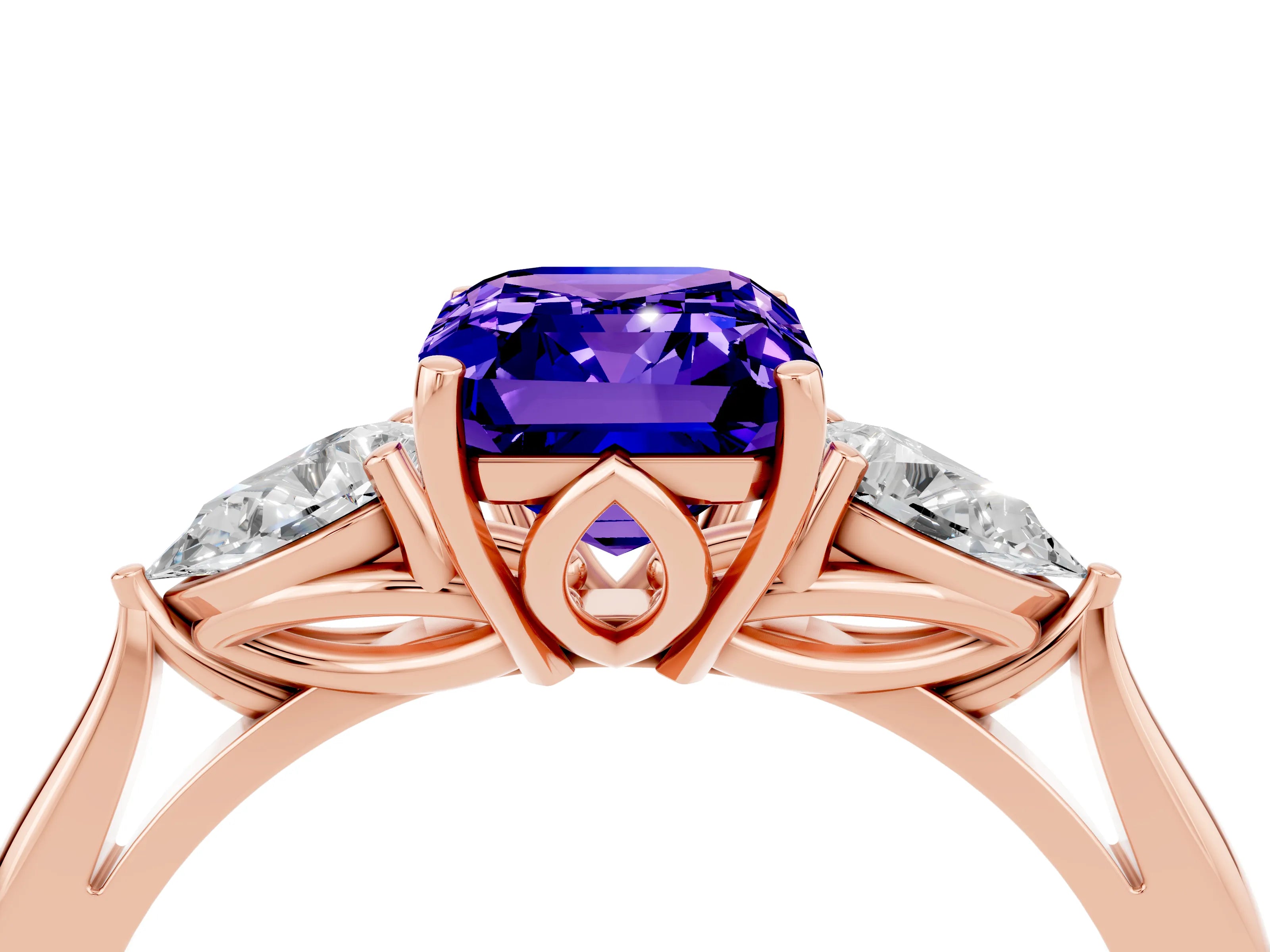 Rose gold Emerald Cut Tanzanite Three-Stone Ring with Pear Side Stones and Four-Prong Setting_16