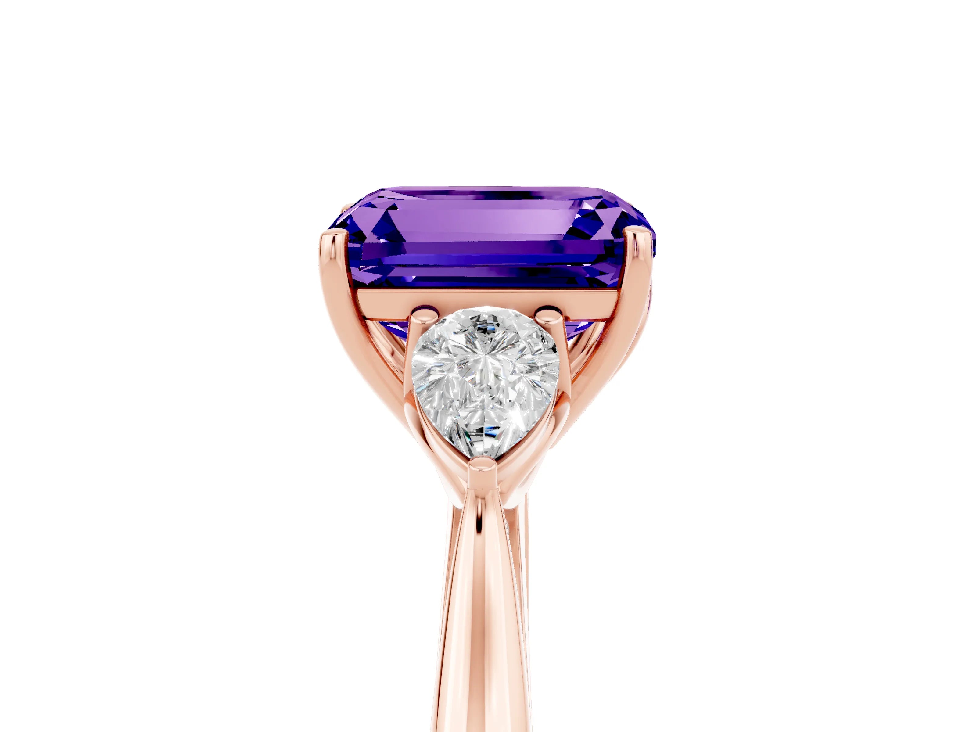 Rose gold Emerald Cut Tanzanite Three-Stone Ring with Pear Side Stones and Four-Prong Setting_17