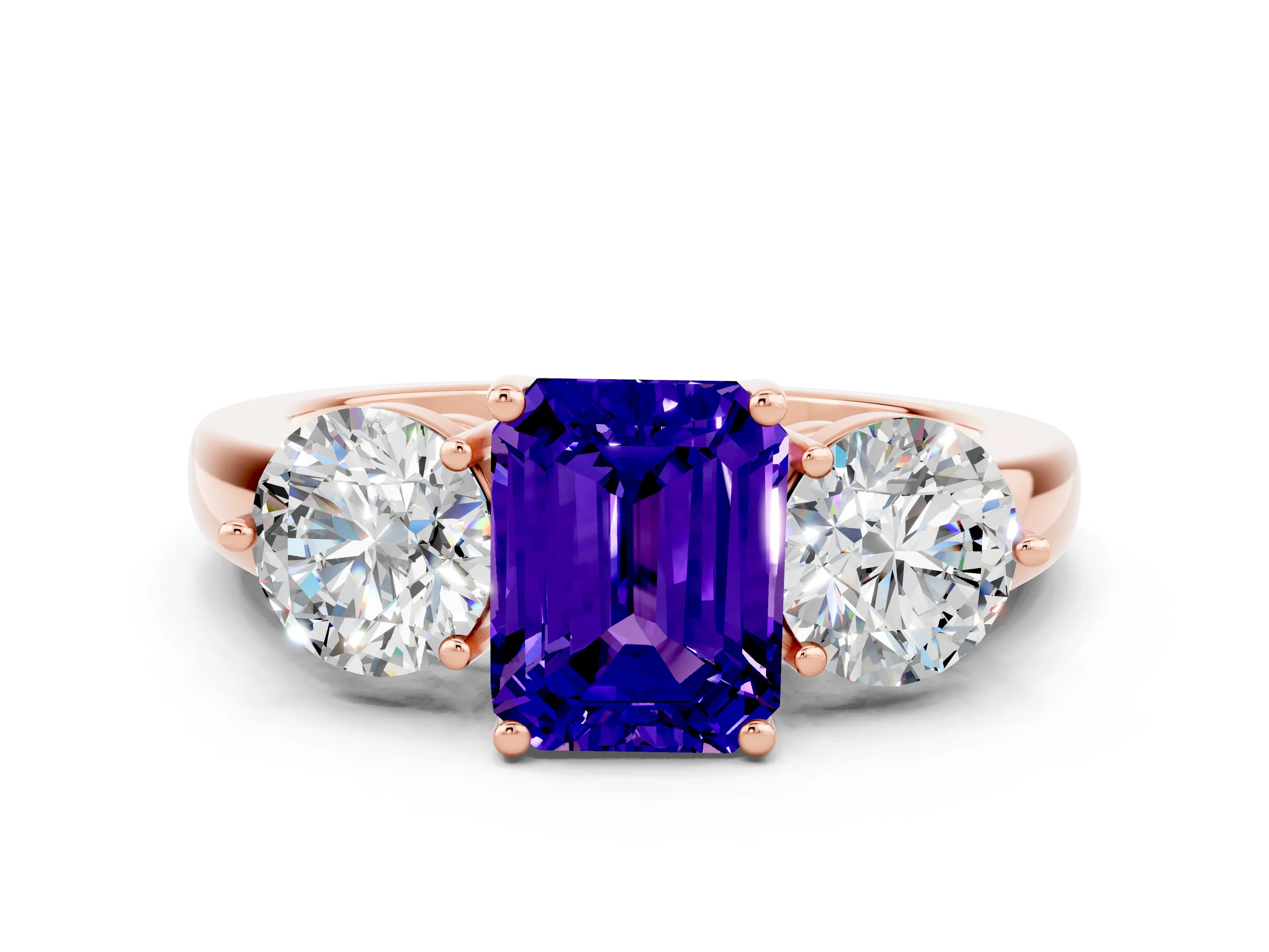 Rose gold Emerald Cut Tanzanite Three-Stone Ring with Prong Setting and Classic Band