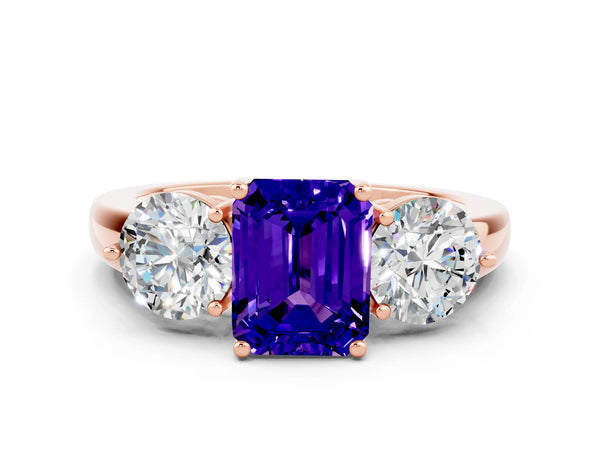 Rose gold Emerald Cut Tanzanite Three-Stone Ring with Prong Setting and Classic Band