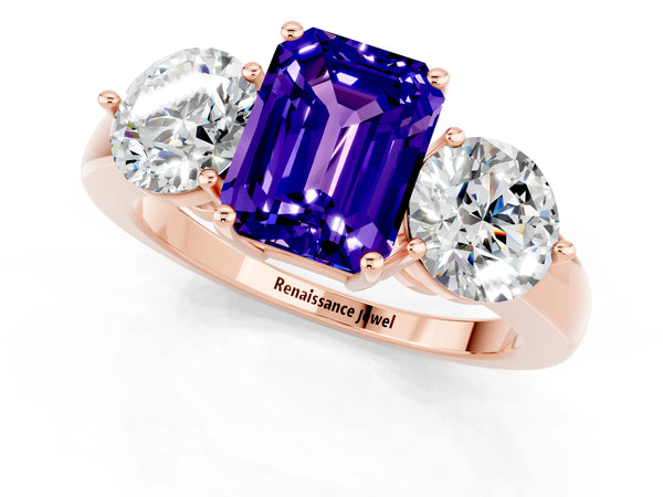 Rose gold Emerald Cut Tanzanite Three-Stone Ring with Prong Setting and Classic Band