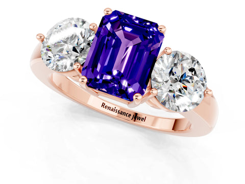 Rose gold Emerald Cut Tanzanite Three-Stone Ring with Prong Setting and Classic Band_1
