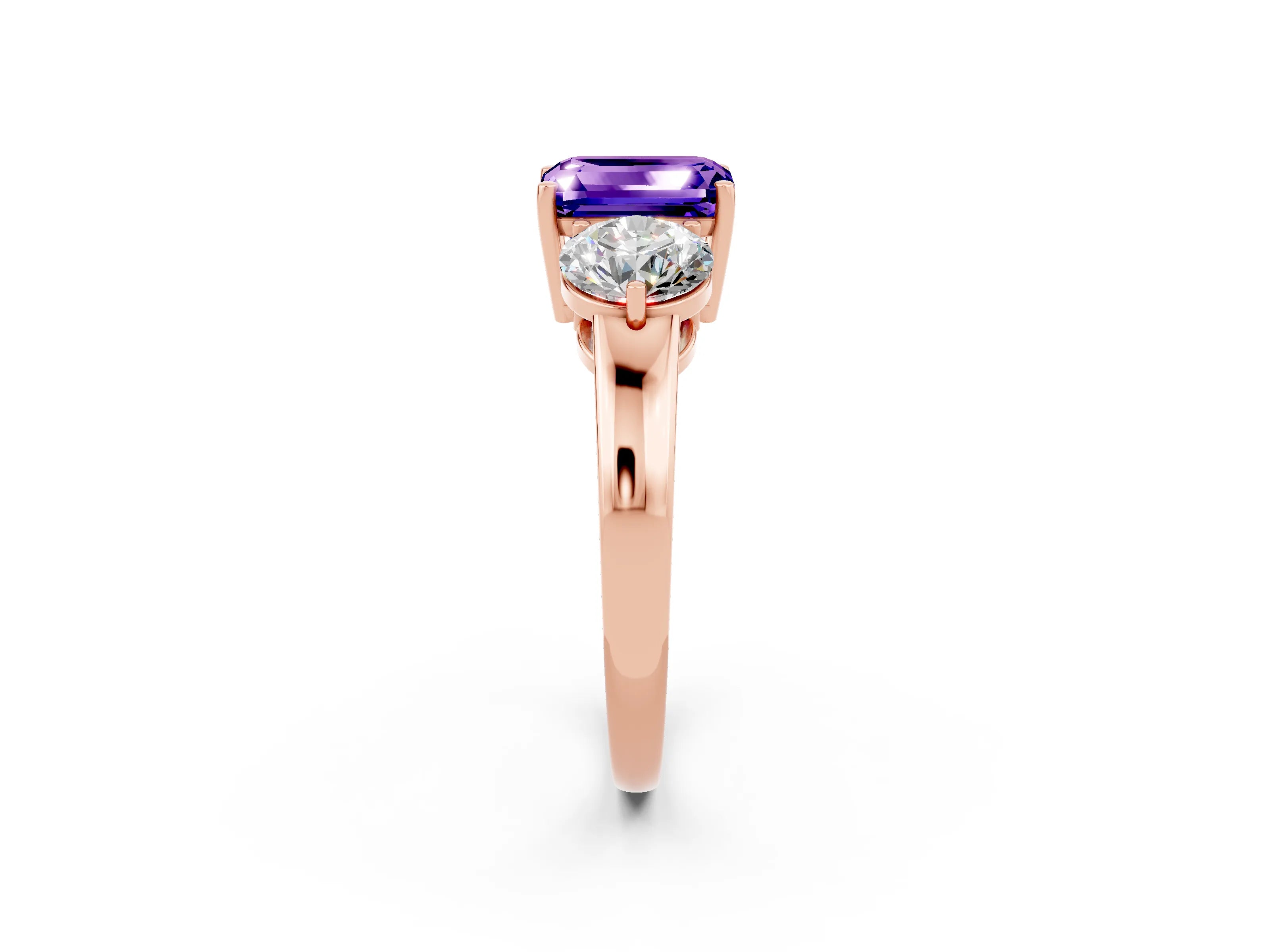 Rose gold Emerald Cut Tanzanite Three-Stone Ring with Prong Setting and Classic Band_2