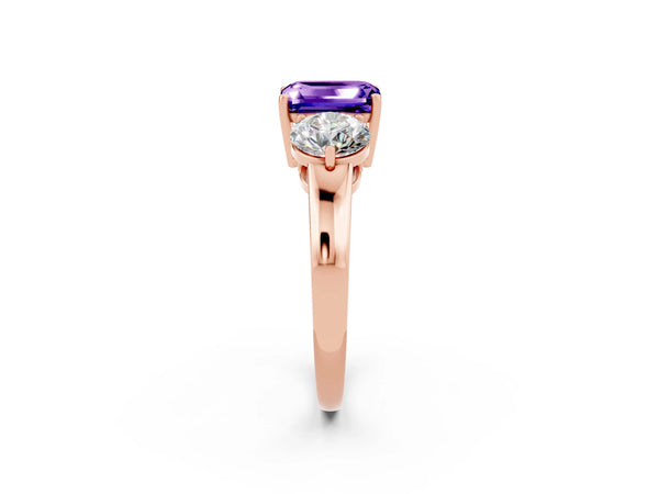 Rose gold Emerald Cut Tanzanite Three-Stone Ring with Prong Setting and Classic Band