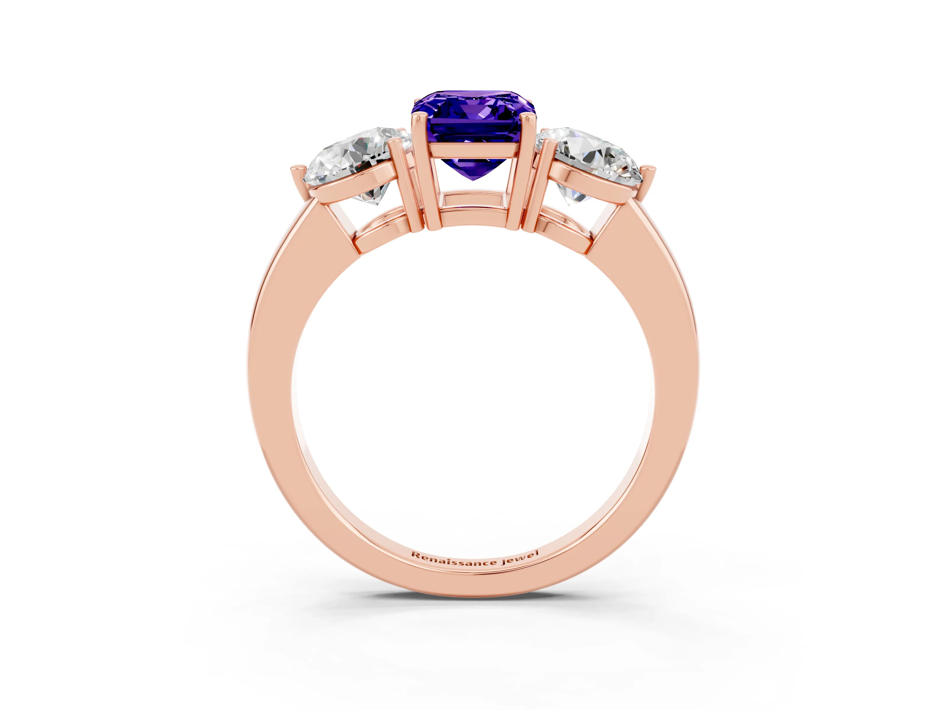 Rose gold Emerald Cut Tanzanite Three-Stone Ring with Prong Setting and Classic Band_3