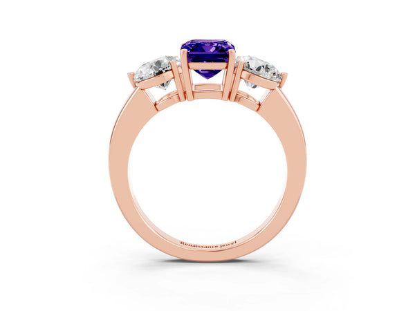 Rose gold Emerald Cut Tanzanite Three-Stone Ring with Prong Setting and Classic Band