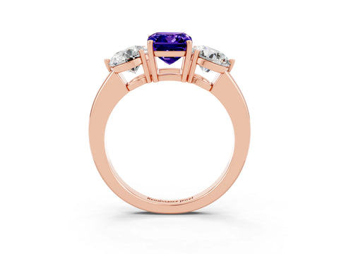 Rose gold Emerald Cut Tanzanite Three-Stone Ring with Prong Setting and Classic Band_3