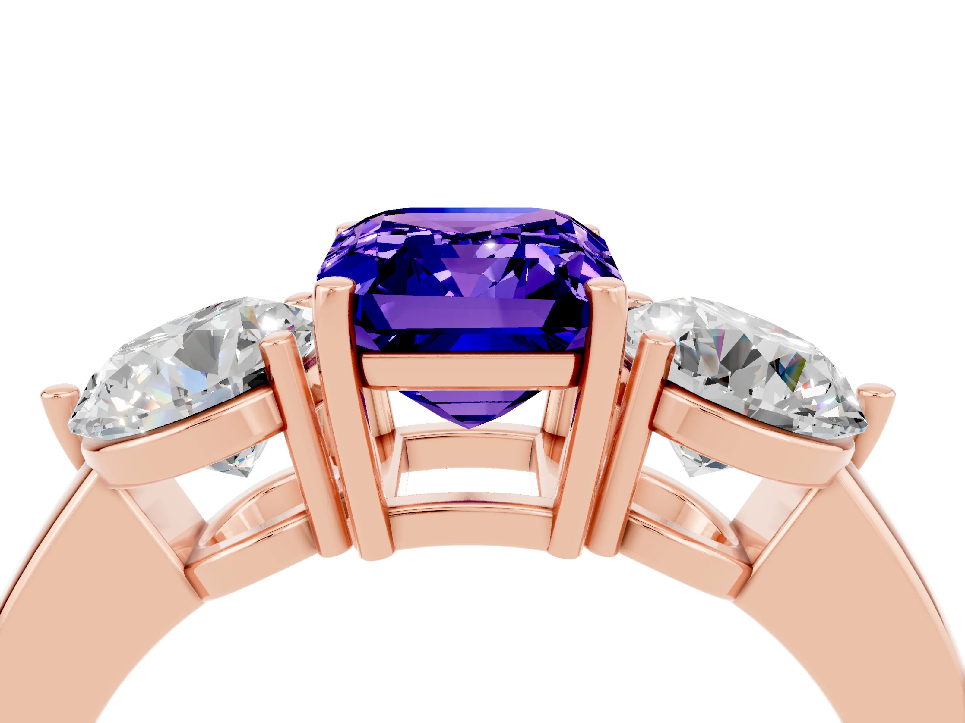 Rose gold Emerald Cut Tanzanite Three-Stone Ring with Prong Setting and Classic Band_4