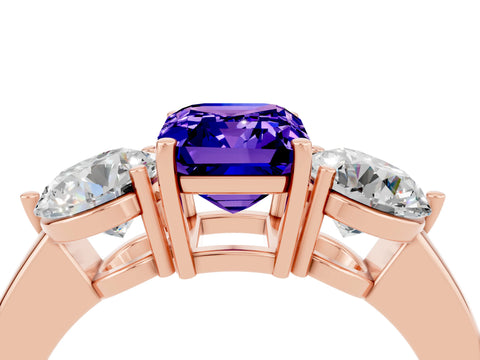 Rose gold Emerald Cut Tanzanite Three-Stone Ring with Prong Setting and Classic Band_4