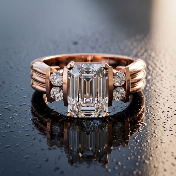 Rose gold Emerald Cut Three-Stone Channel Set Ring with Bar Prongs