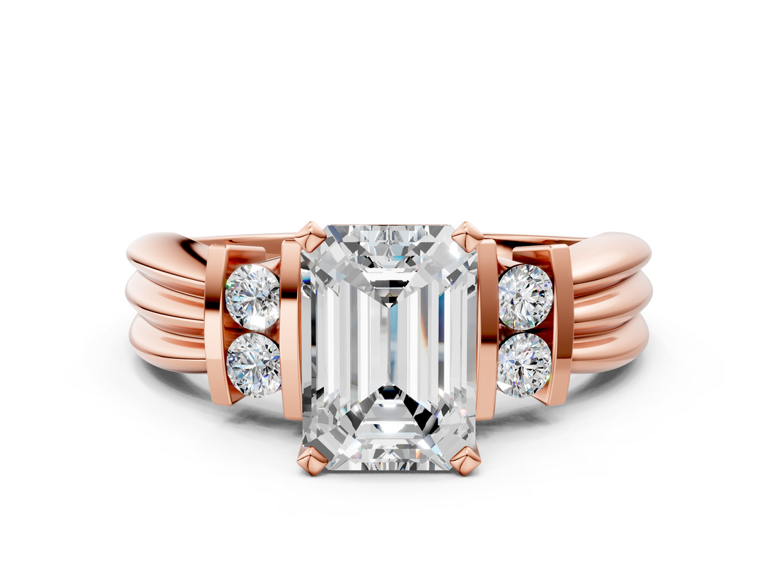 Rose gold Emerald Cut Three-Stone Channel Set Ring with Bar Prongs_75