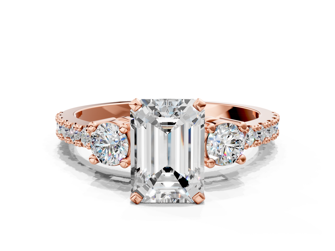 Rose gold Emerald Cut Three-Stone Diamond Pavé Band with Prong Setting_23